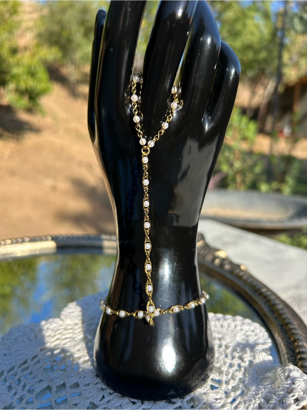 Gold tone hand chain Pearl-Accent Hand Chain Bracelet Necklace - Women Jewelry